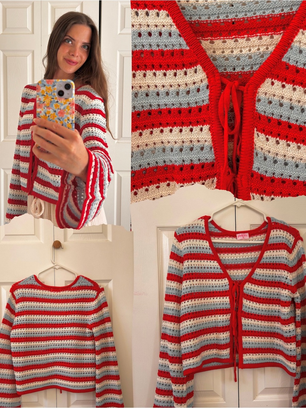 NWOT Pink Lily Striped Crochet Sweater Bell Sleeve Red Blue Cream Boho Top